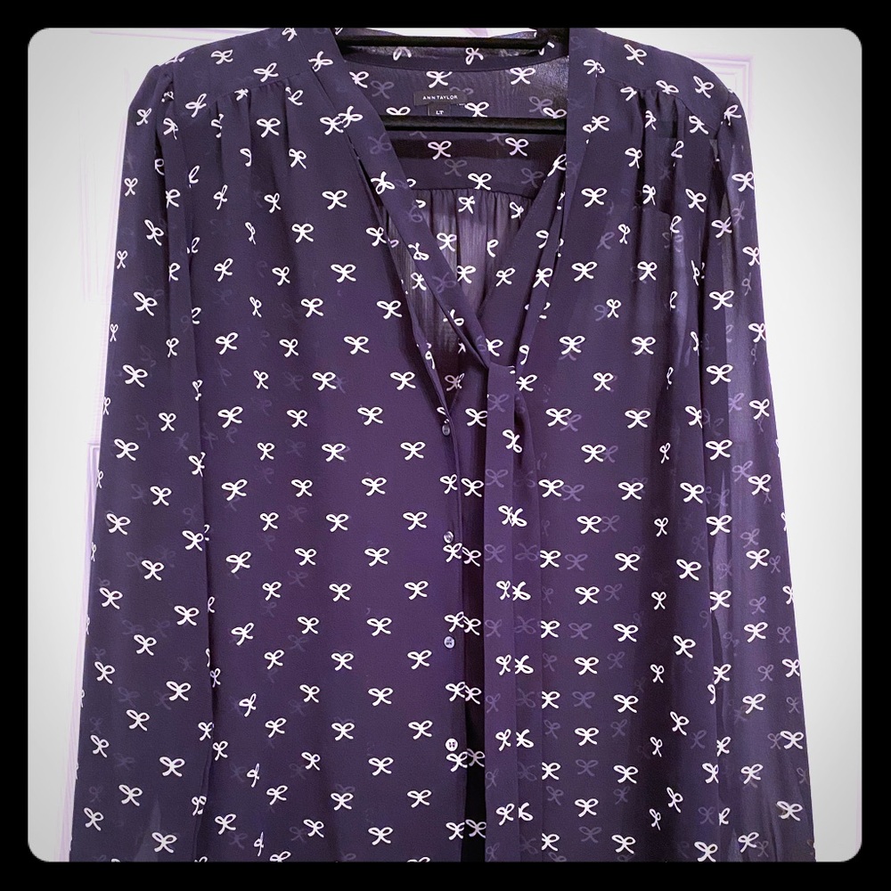 Ann Taylor Tall Bow Print Tie Neck Blouse